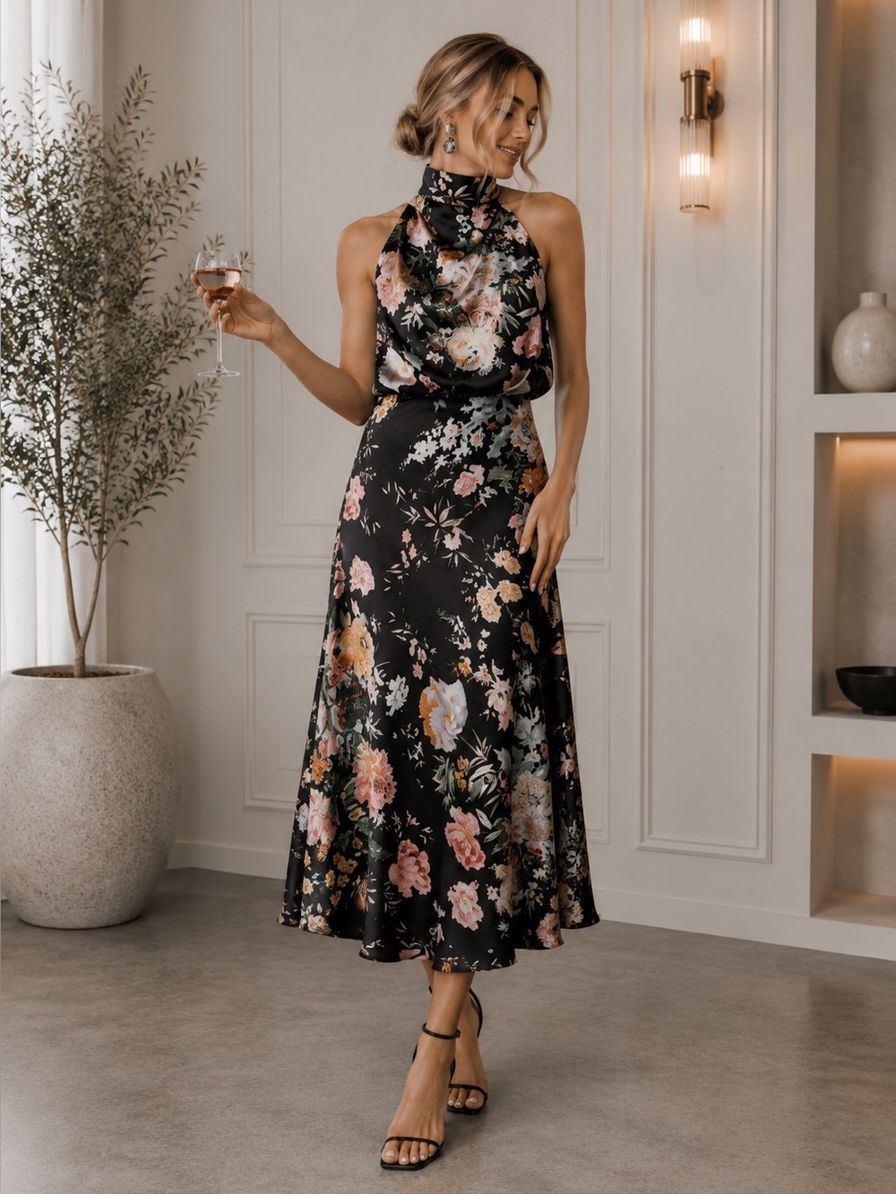 PETAL & PUP ANABELLE HALTER NECK MIDI DRESS - BLACK FLORAL SIZE S B1466